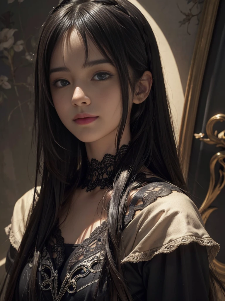 (Ultra Realistic), (Illustration), (Increased Resolution), (8K), (Extremely Detailed), (Best Illustration), (Beautiful and Detailed Eyes), (Best Quality), (Ultra Detailed), (Masterpiece ), ( wallpaper), (detailed face), solo, 1 girl, looking at viewer, fine details, detailed face, in the dark, deep shadows, low key, pureerosfaceace_v1, smiling, long hair, black shawl straight hair , 46 points oblique bangs