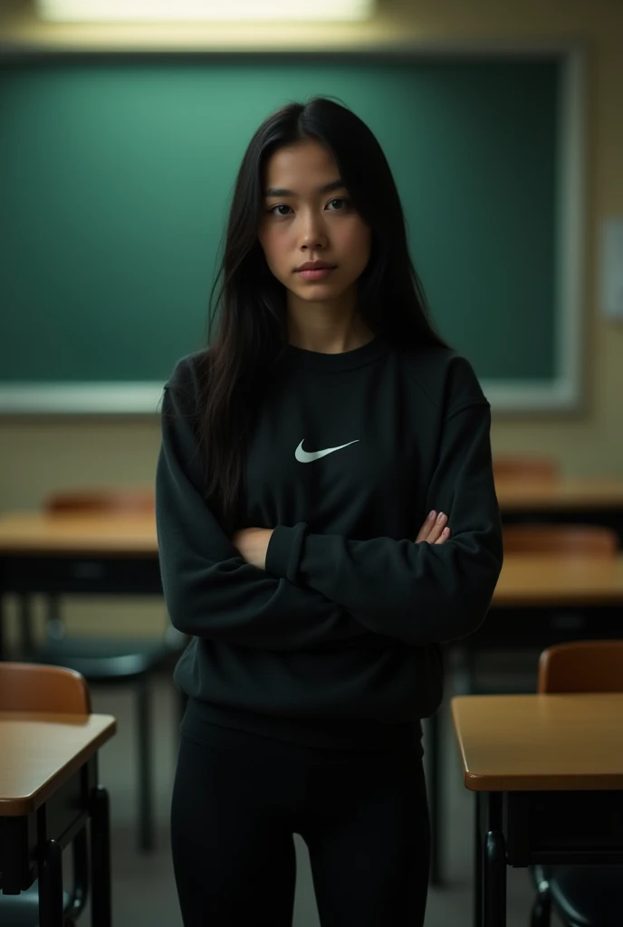 An 18-year-old American girl in a classroom. She has straight black hair down to her hips and green eyes, and beautiful eyes. She is short and thin, with small breasts and a round butt, and thick thighs. She is wearing black leggings and a Nike sweatshirt She is standing with her arms crossed over her stomach  . It is nighttime and the classroom lights are on. Photorealistic, high image quality, best lighting.