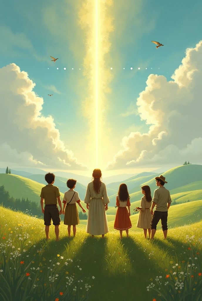 Country people watching a line of light coming down from between the clouds, from a hill