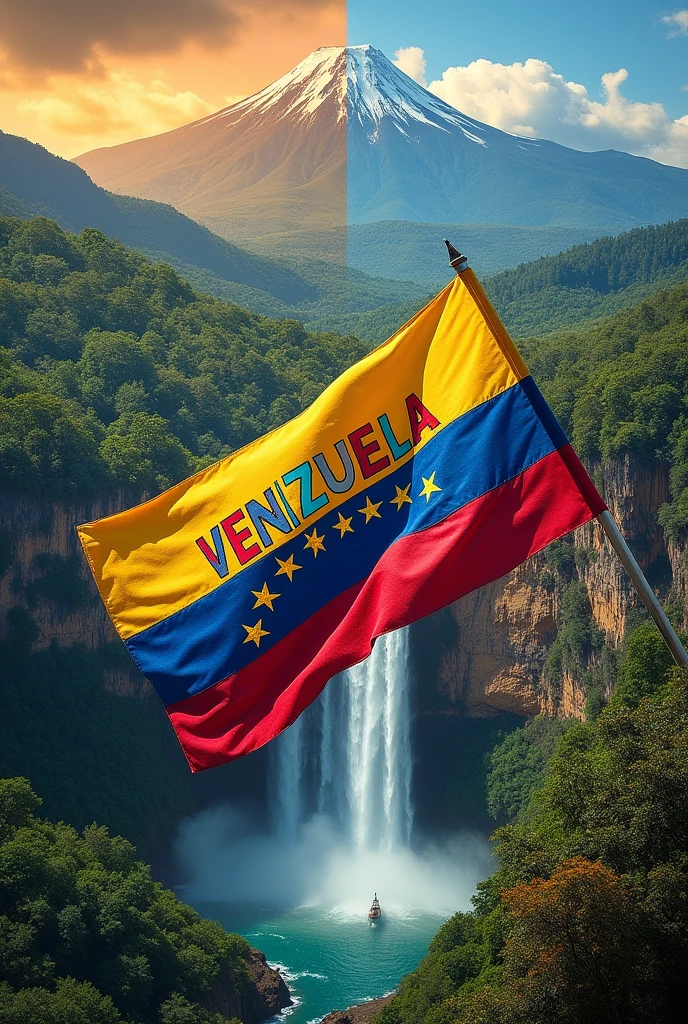 Collage with the flags and the names of Venezuela and Ecuador in letters with different landscapes of each country 