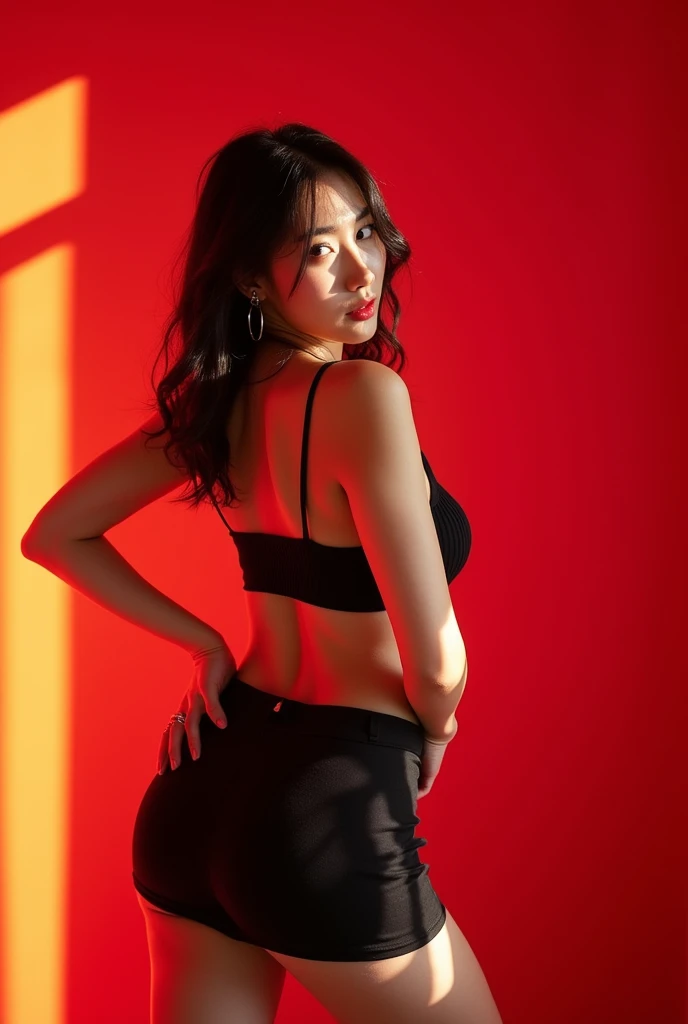bright light, vibrant colors,

an extremely beautiful korean woman, voluptuous, large chest,

she is wearing a black crop top with thin spaghetti straps, and a mini short,

sexy pose,

behind her is a red painted wall, 