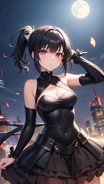 Anime Style,beautiful girl,looking at the camera,Look down here,Expressionless,Odd Eye,Closed mouth expression,Side Ponytail,short hair,Black Hair,night空,night,Fantasy World,Black thief armor,Thief's Dagger,Cold look,On the roof,One eye is grey,In combat,Masked,Tattoo on thigh,Thin waist,Stance,Thigh to head,middle ages,Different world,magic,Cleavage,leather armor,Pussyの割れ目,Tight-fitting outfits,Belly button exposed,Gloss,naked,tits,Pussy