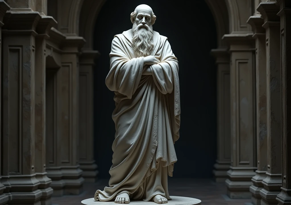 stoicism, motivation, stoic marble statue thinking,calm, setting, robe, long beard, aged, full body, hyper-realistic, 8k, old beautiful background, incredible, beautiful, black war old home frightening,