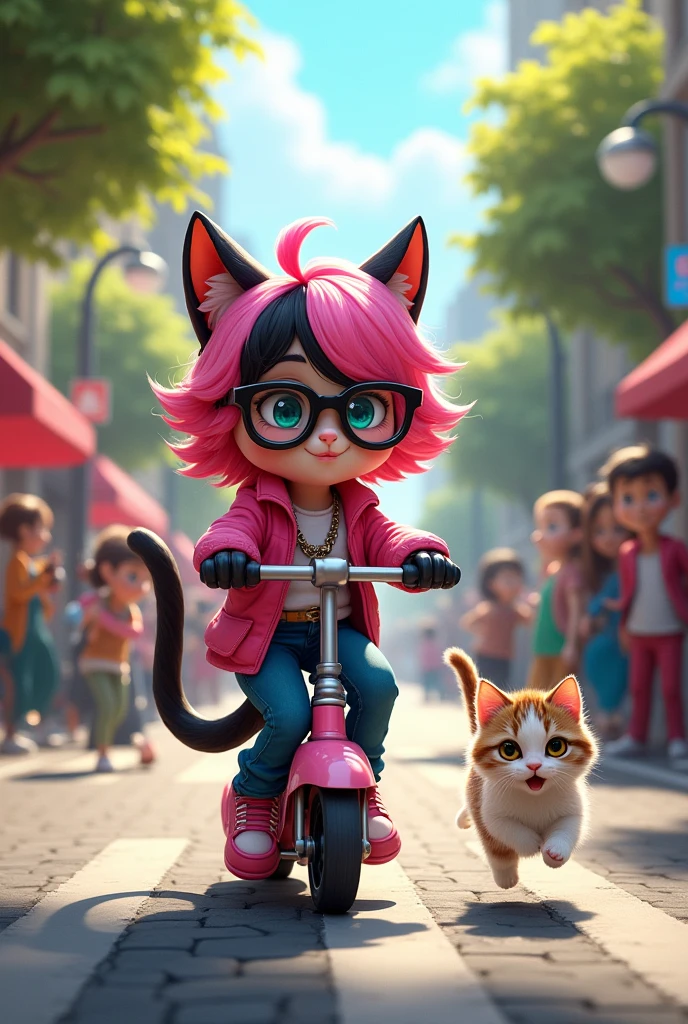 Create a realistic illustration of a pink and black cat riding a scooty. The cat girl has a playful, confident expression and is wearing stylish glasses and shoes. She is dressed in a fashionable outfit that complements her pink and black fur. The background should show a dynamic city street, adding a sense of motion to the scene."
On the way, a small kitten jumps on the road. The kitten is a cute animal with white and ugly fur
.On the way, a small kitten jumps on the road. The kitten is a cute animal with white and brown fur. The kitten is picked up by its tall cat father. People on the road look at it and laugh.