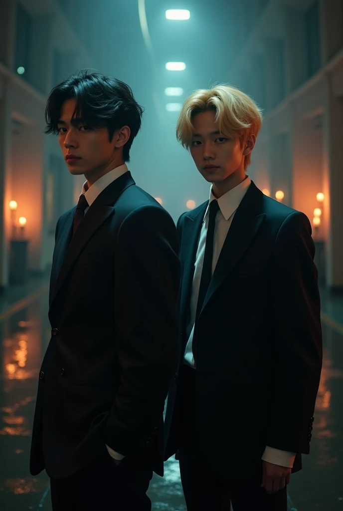 A stunning and realistic photo of a dark fantasy fanfic scene featuring the characters Hyunjin and Felix. They are dressed in journalist and investigator costumes., with male characters Hyunjin, with dark hair and suit (hyunjin is like hyunjin from stray kids) Felix in a dark suit with blonde hair (ele parece lee yoobook de stray kids). The background is a dimly lit crime scene, with candles and a mysterious atmosphere. The title "In the Shadows of the Past" appears prominently at the top. The overall composition evokes a cinematic feel, with dramatic lighting and a sense of mystery.