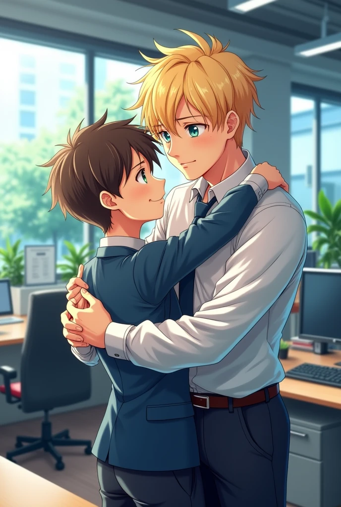 Young male office worker, handsome, cocoa brown hair, green mixed with blue eyes, anime ; hug his big boss , blonde hair, blue eyes
