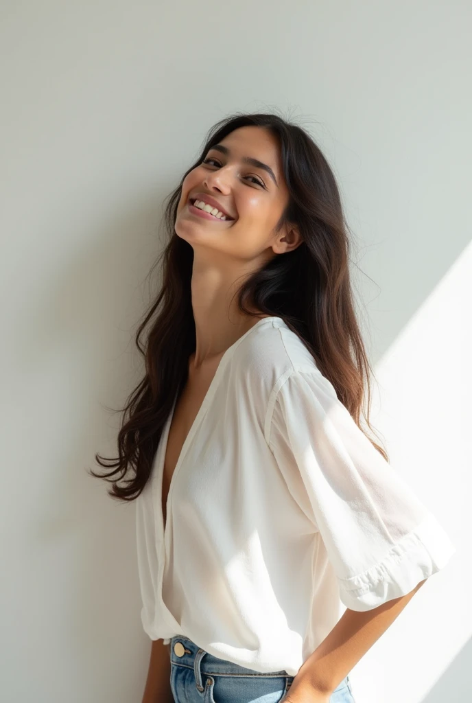 young pretty latin woman in white cotton baby look blouse wondering, having happy thoughts and ideas, daydreaming, trying to copy the side space against a flat wall