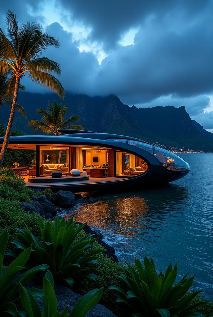 In hawai,  Next to it is a private, helicopter-shaped mansion with palm trees on top, set against a night sky with dark clouds and mountains in the background. The view from inside the home looks out at lush greenery. The villa is black and luxurious, with beautiful lighting and high-resolution, hyper-realistic, cinematic, and depth-of-field effects, as if shot with a DSLR camera