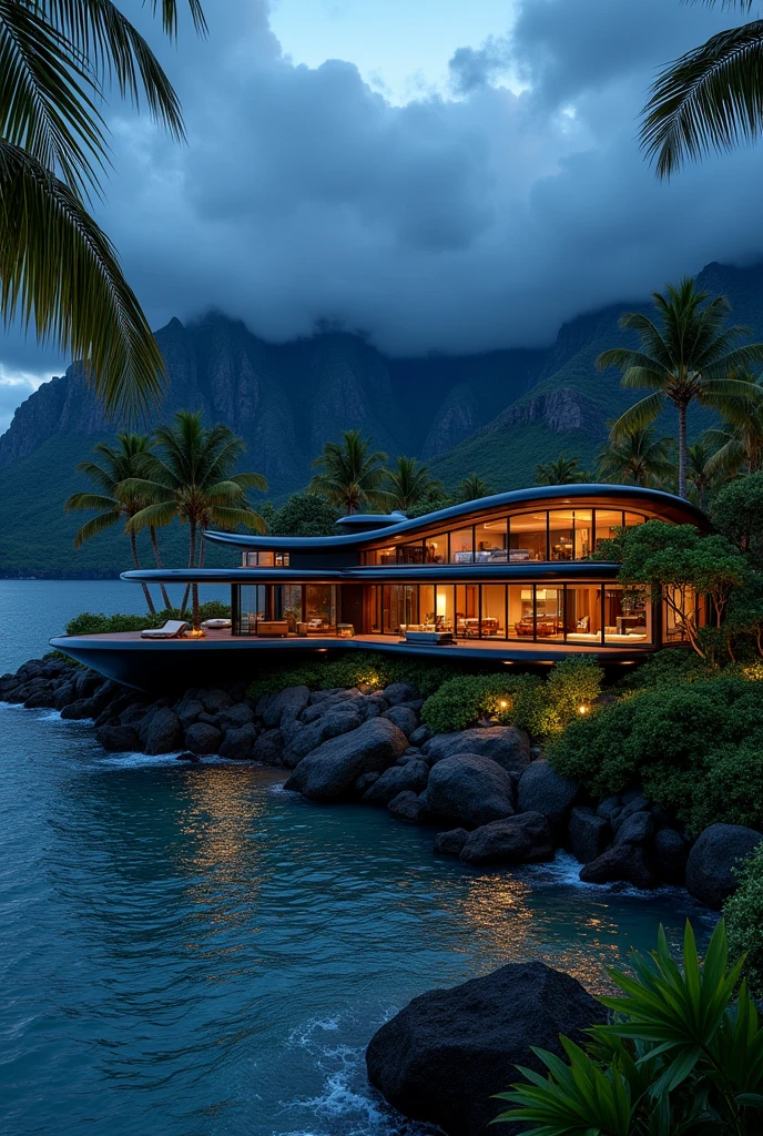 In hawai, Next to it is a private, helicopter-shaped mansion with palm trees on top, set against a night sky with dark clouds and mountains in the background. The view from inside the home looks out at lush greenery. The villa is black and luxurious, with beautiful lighting and high-resolution, hyper-realistic, cinematic, and depth-of-field effects, as if shot with a DSLR camera