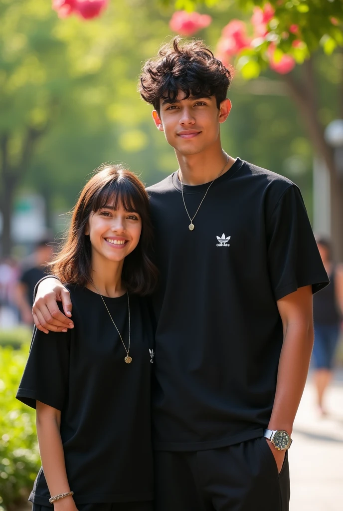 A tall dark-haired boy with curly hair, and has a watch, black Adidas clothes, wears glasses, girl with short wavy hair and bangs has a bracelet and a beautiful smile