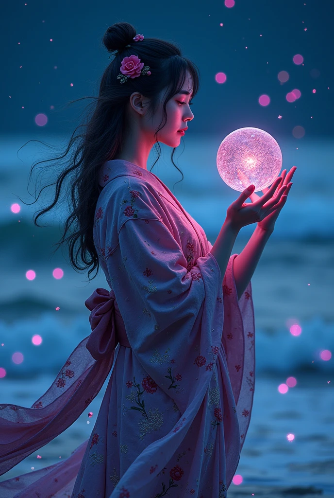 One 20-year-old girl, Japanese witch in kimono、The background is the seaside at night、Neon light in hand, An otherworldly theme that combines dark and fantastical fantasy, A bright core with many magical spheres, Fantastic realism, Highest quality, Highest quality, 8k, Absurd resolution, High quality epic, Very detailed, Very detailed肌, Amazing detail, Surreal, Very high resolution, Hyperrealistic,