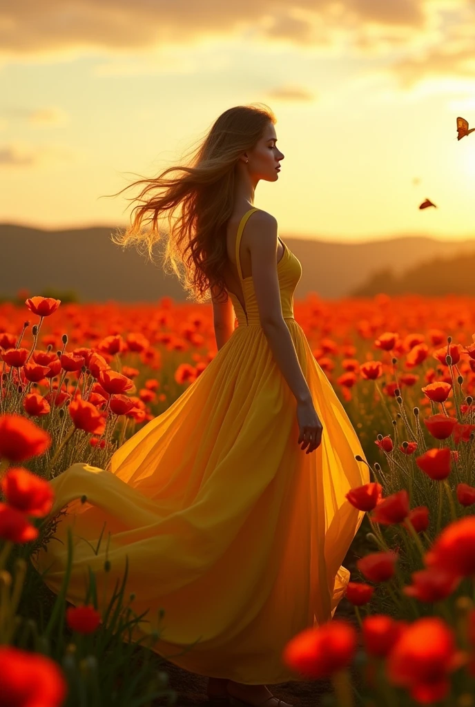 A full length young woman in a yellow dress in a poppy field at sunset