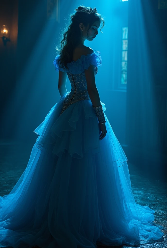 "A dark fantasy scene in the style of a 1980s live-action film, featuring a human actress portraying Cinderella, dressed for the ball. She is wearing an elegant, shimmering blue gown with intricate details and a classic, vintage style. The scene is set in a dimly lit, mysterious environment with soft blue lights in the background, casting a haunting glow that reflects off Cinderella and her surroundings. These lights create deep, dramatic shadows, emphasizing the contours of her face and the flowing fabric of her gown. The atmosphere is both magical and eerie, reminiscent of an old fairy tale brought to life with a dark twist. The overall aesthetic captures the gothic romance and enchantment of a classic 1980s fantasy film, with the characters rendered as human actors. The scene focuses on a medium shot of Cinderella, highlighting her serene yet slightly melancholic expression, as she stands in an otherworldly, dreamlike setting.
Illuminations are more subdued and dark, with soft reflections of lights behind the characters. The lighting should evoke the feel of an old live-action film, maintaining the aesthetic of the 1980s, creating a scene that is both hauntingly beautiful and steeped in gothic fantasy."