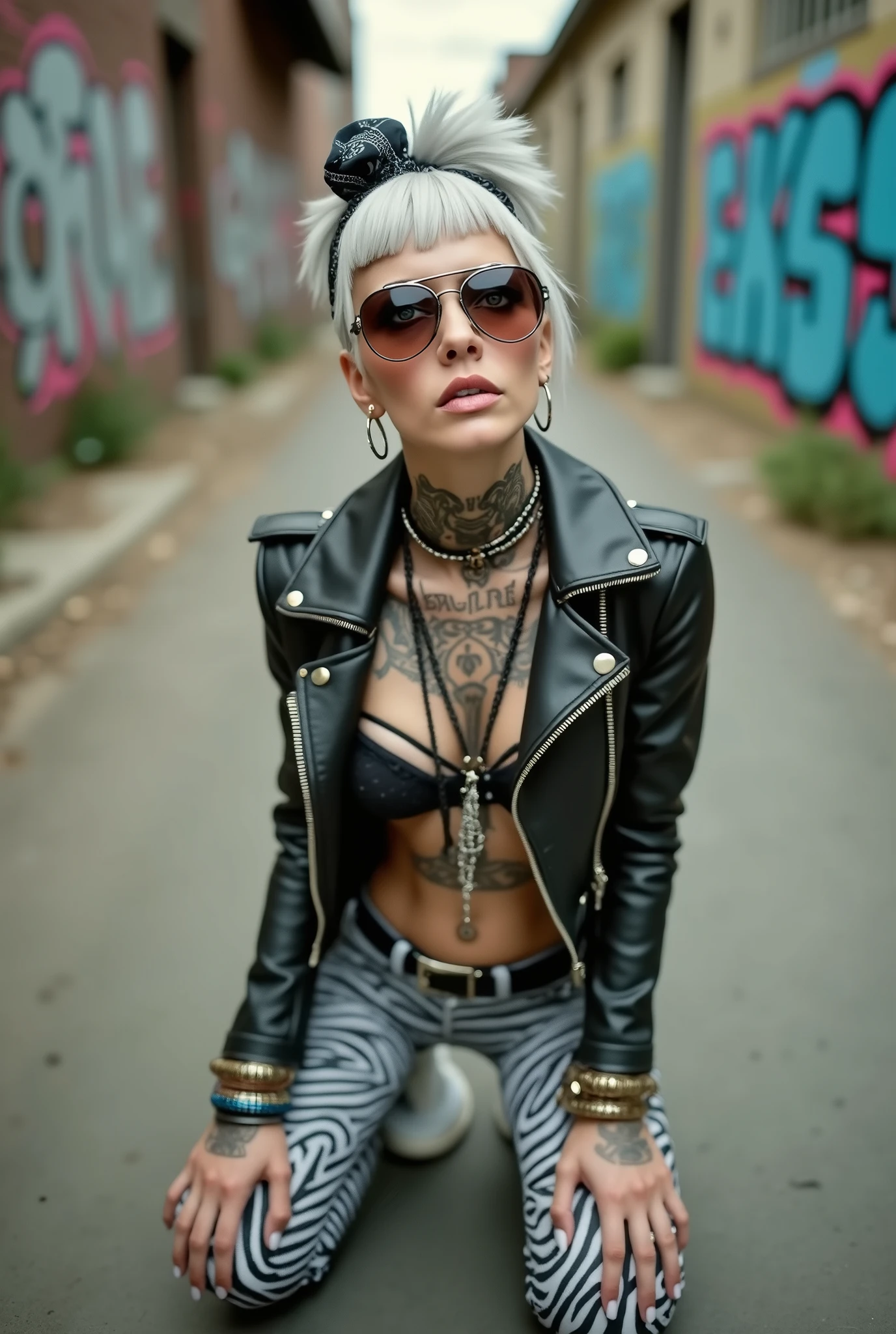 russian old milf woman, grey hair (boyish quiff, shaved sides), wearing sunglasses as (big maxi sunglasses), bandana as headband, with very light blue eyes, extremely pale. Wearing cropped padded black moto jacket with lots of zippers and badges on jacket flaps, black bra, zebra print leggings and white tennis sneakers  . Silicone breasts. Lots of metallic bracelets, long pendants and lots of collars. Tacky leather belt with oversized chanel buckle. Long earrings. Kneeling, looking at the camera, legs spread, tilted head, eyes and mouth wide open in amazement. Hands fixing her hair, toned abdominals, thin legs and thin arms. Tattoed chest, hands, belly and arms.