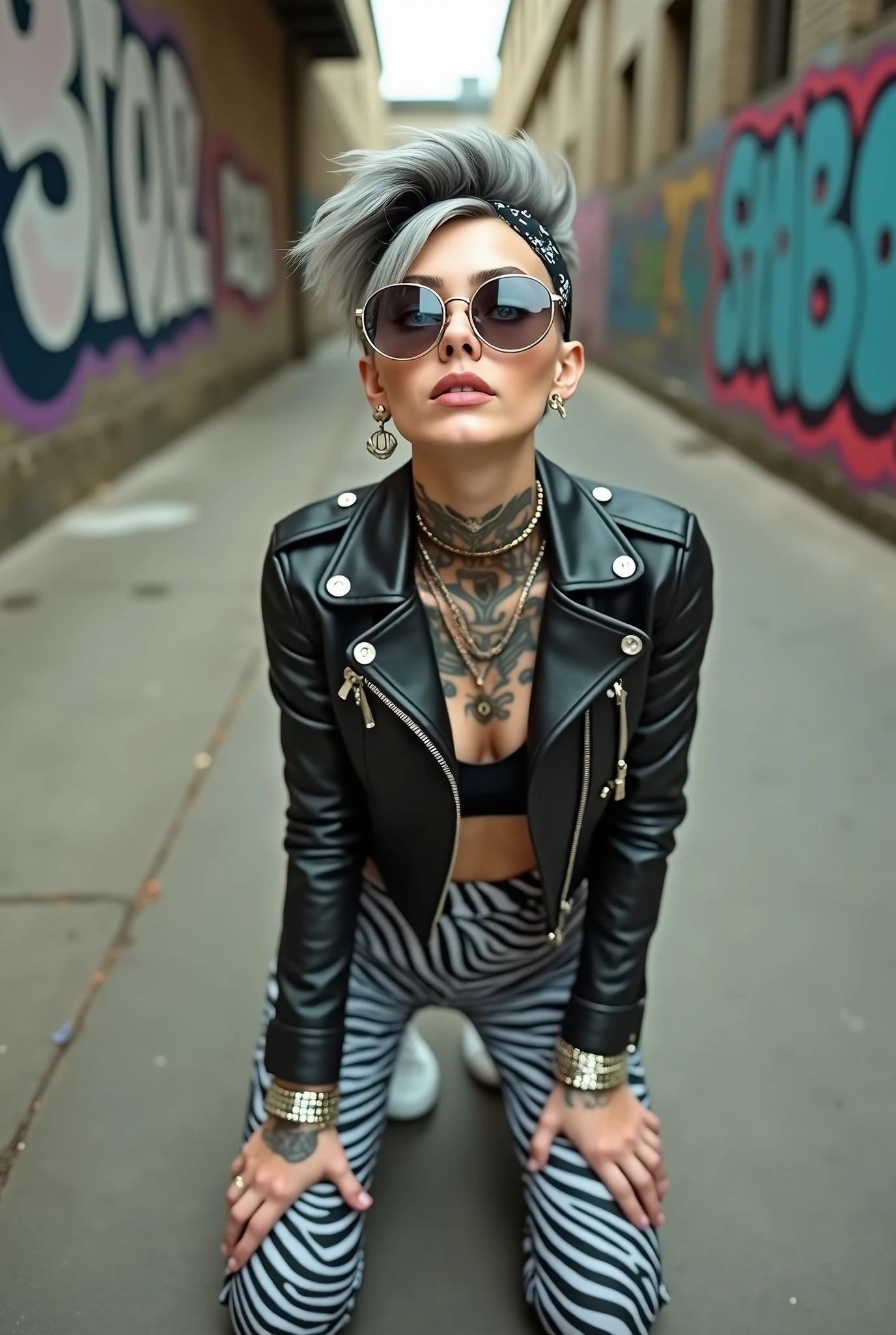 russian old milf woman, grey hair (boyish quiff, shaved sides), wearing sunglasses as (big maxi sunglasses), bandana as headband, with very light blue eyes, extremely pale. Wearing cropped padded black moto jacket with lots of zippers and badges on jacket flaps, black bra, zebra print leggings and white tennis sneakers  . Silicone breasts. Lots of metallic bracelets, long pendants and lots of collars. Tacky leather belt with oversized chanel buckle. Long earrings. Kneeling, looking at the camera, legs spread, tilted head, eyes and mouth wide open in amazement. Hands fixing her hair, toned abdominals, thin legs and thin arms. Tattoed chest, hands, belly and arms.