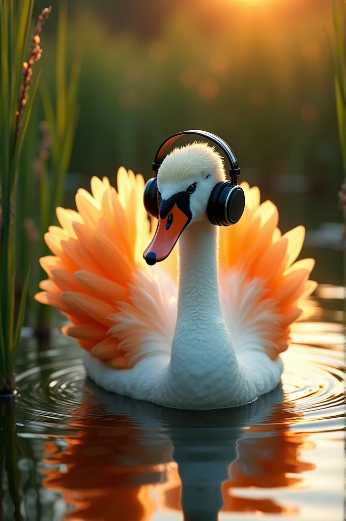 In Portuguese, a swan with a headset, in orange colors, yellow, dark orange and black