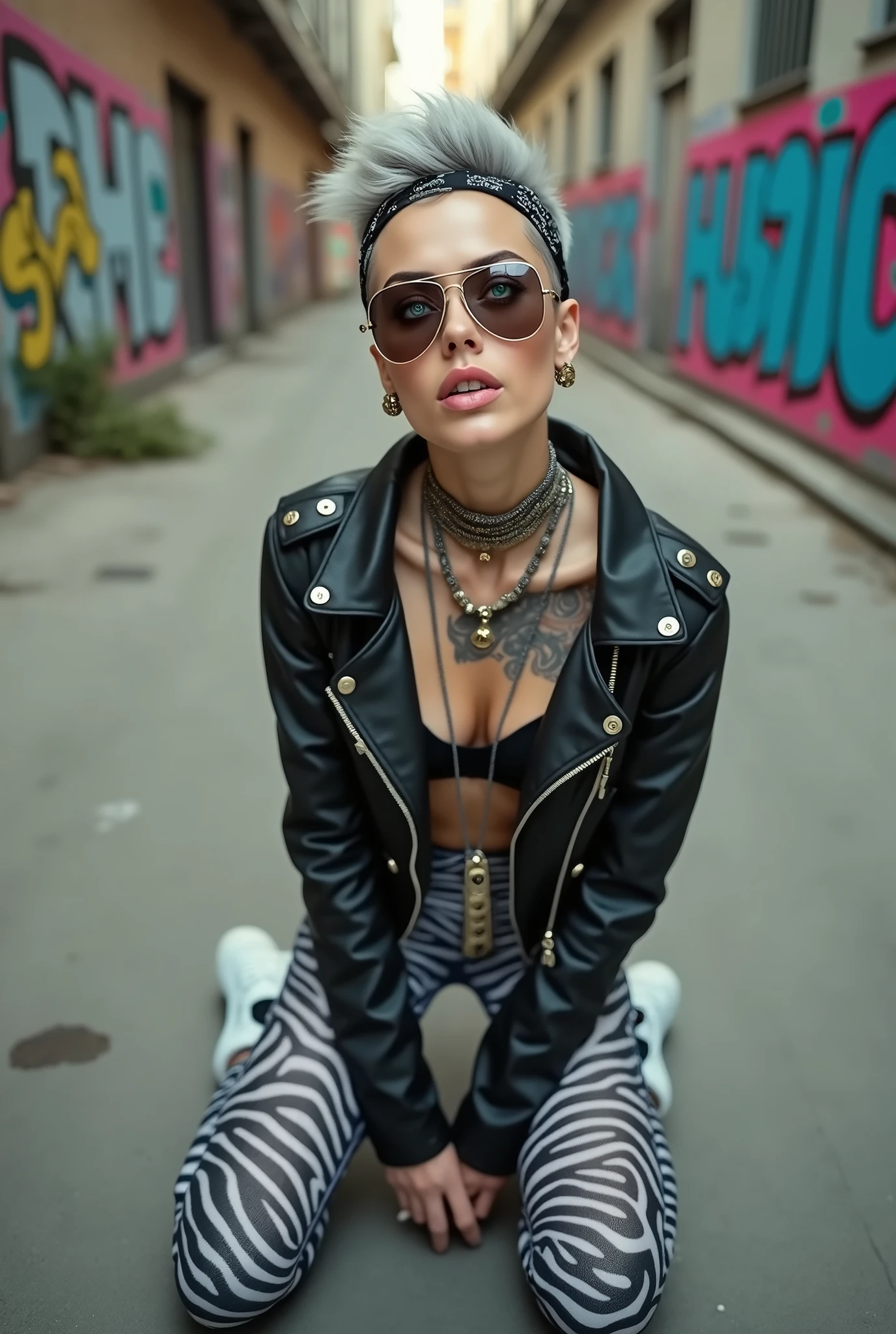 russian old milf woman, grey hair (boyish quiff, shaved sides), wearing sunglasses as (big maxi sunglasses), bandana as headband, with very light blue eyes, extremely pale. Wearing cropped padded black moto jacket with lots of zippers and badges on jacket flaps, black bra, zebra print leggings and white tennis sneakers . Silicone breasts. Lots of metallic bracelets, long pendants and lots of collars. Tacky leather belt with oversized chanel buckle. Long earrings. Kneeling, looking at the camera, legs spread, tilted head, eyes and mouth wide open in amazement. Hands fixing her hair, toned abdominals, thin legs and thin arms. Tattoed chest, hands, belly and arms.