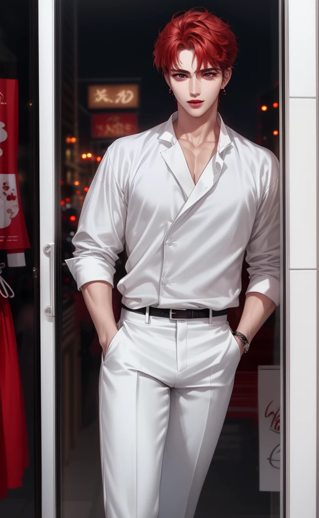 Handsome boy, red short hair, Black eyes, Distinctive features, White skin, Black clothes,earrings,night,White trousers,Store front,happy