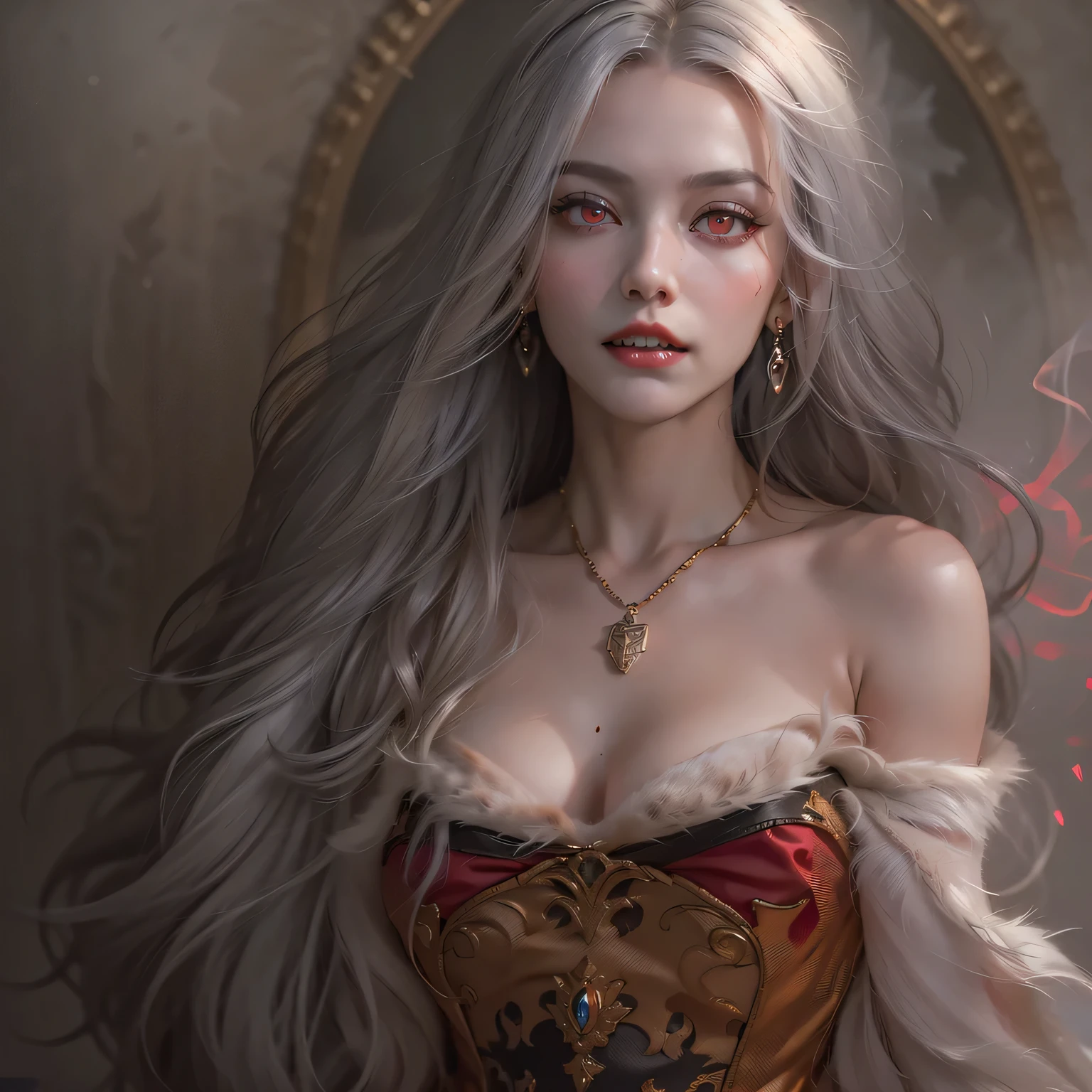 (Numerous award-winning masterpieces, with incredible detail, textures and maximum detail), (hyper realistic:1.4), (realistic:1.3), (Full body image:1.9), (upper body up:0.2), (best quality real texture skin), (five perfect and beautiful fingers:1.8), (Vampire nobility:1.6), (Vampire royalty:1.6), (Opens mouth wide and laughs happily:1.6), (Two thick, long, sharp vampire teeth visible from open-mouthed smiling lips: 1.7), (Seductive Gaze: 1.9), (finely detailed true circle Symmetrical eyes), (bewitching finely Detailed and beautiful face:1.6), (Image of aesthetic and decadent atmosphere: 1.6), (fair but beautiful skin and face: 1.6), (wearing many decadent and delicately crafted accessories: 1.8), (elegant and finely carved medieval rooms and furniture: 1.8), (Bio luminescent bright red eyes: 1.7), (Depraved Beauty: 1.6), (A pair of red eyes with strong red light emitting from within:1.7), (old luxurious dress in a calm dark color that covers the whole body is considerably damaged, but elegant and delicately made: 1.8), (elegant and luxuriously crafted accessories:1.8), (Less skin exposure:1.5), (Strong moonlight coming in from outside: 1.7), ((dramatic photo)), ((cinematic light)), (Full-length portrait:1.9), (looks up), (looking down), (dramatic pose), (smoke effects and bewitching light:1.4), beautiful white hair, beautiful silver hair, beautiful blonde hair, Wind Effects, (Drifting purple smoke: 1.3), Ruins of an old castle, Royal Underground Tombs, (dilapidated luxurious mansion:1.8), ((Dark nights, full moon nights, new moon nights)), epic realistic, faded, ((neutral colors)), art, (hdr:1.5), (muted colors:1.2), hyper detailed, (art station:1.5), cinematic, warm lights, light effect, dramatic light, (intricate details:1.1), complex background, (Greg rutkowski:0.8), (teal and orange:0.4),