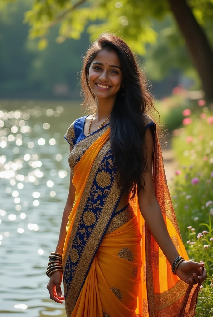 A Indian most cute girl 25 years old wearing sari ana without blouse river side