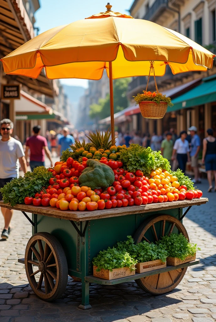Create a model of a display cart to sell vegetables on the street with a parasol and iron