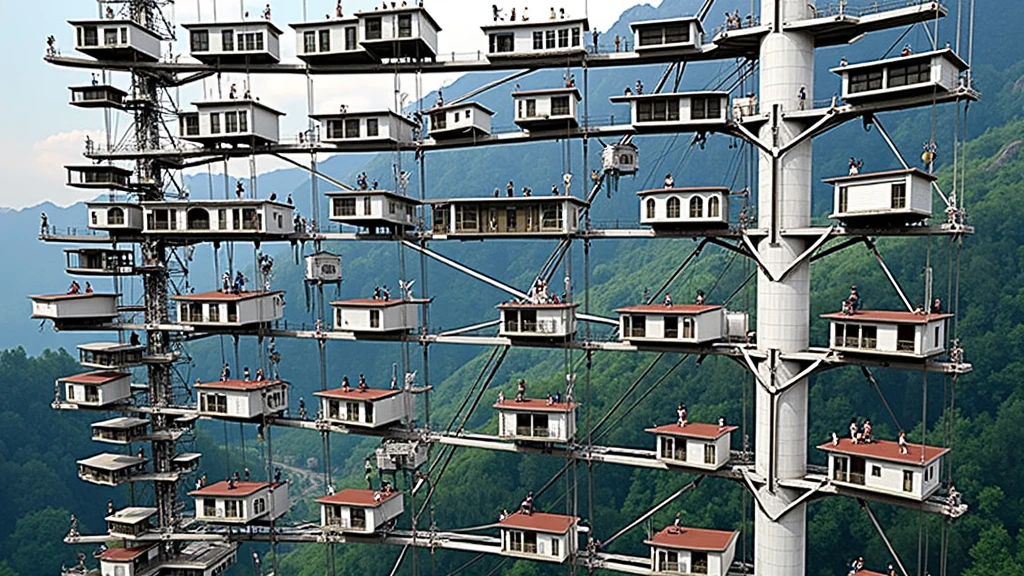 an impressive structure made up of several houses suspended in the air, as if they were elevated by cables connected to a central column. The houses vary in size and design, but they all appear to be floating, attached to platforms extending in different directions. People can be seen on balconies, common areas, and even on swings and stairs, interacting with each other in an environment that mixes the natural with the surreal. In the background, green mountains surround the scene, creating a contrast between nature and elevated architecture. The image has a futuristic atmosphere, with a touch of dystopia, suggesting a concept of vertical housing that is radically different from the conventional one.
