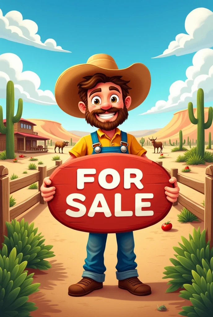 Create a farmer holding a round sign offering his product for sale, that it be in a cartoon that in the background you see a ranch and desert