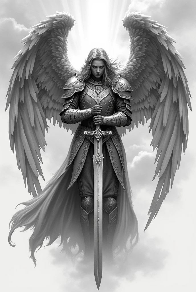 could you create a forearm tattoo sketch of a guardian angel in armor and sword in a bowing position, also with Nordic symbols