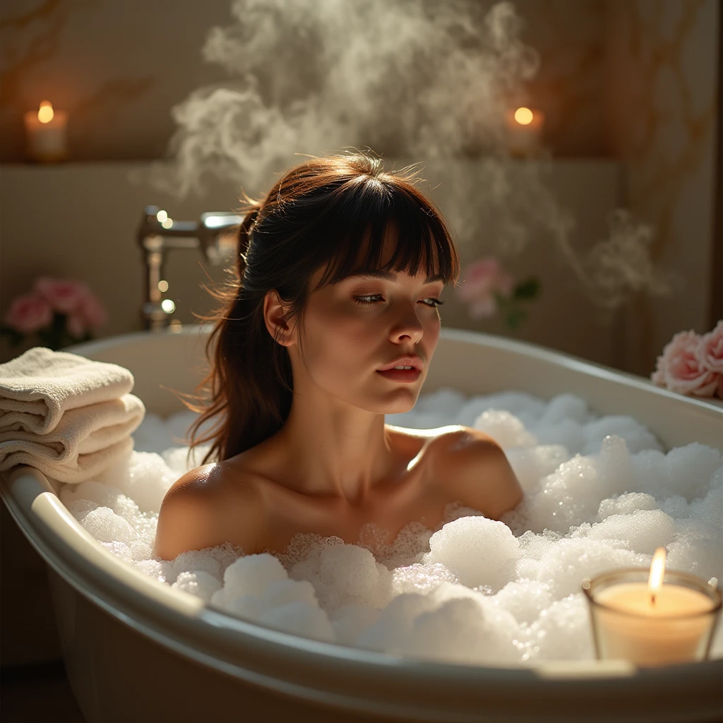 Laurence Bedard is laying in a luxurious, steamy bath, her hair elegantly styled in a bangs hair style