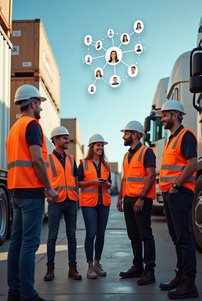 An image of a team of truck drivers and managers wearing reflective logistics vests collaborating or icons of connected people.
Very professional in 4K.. 