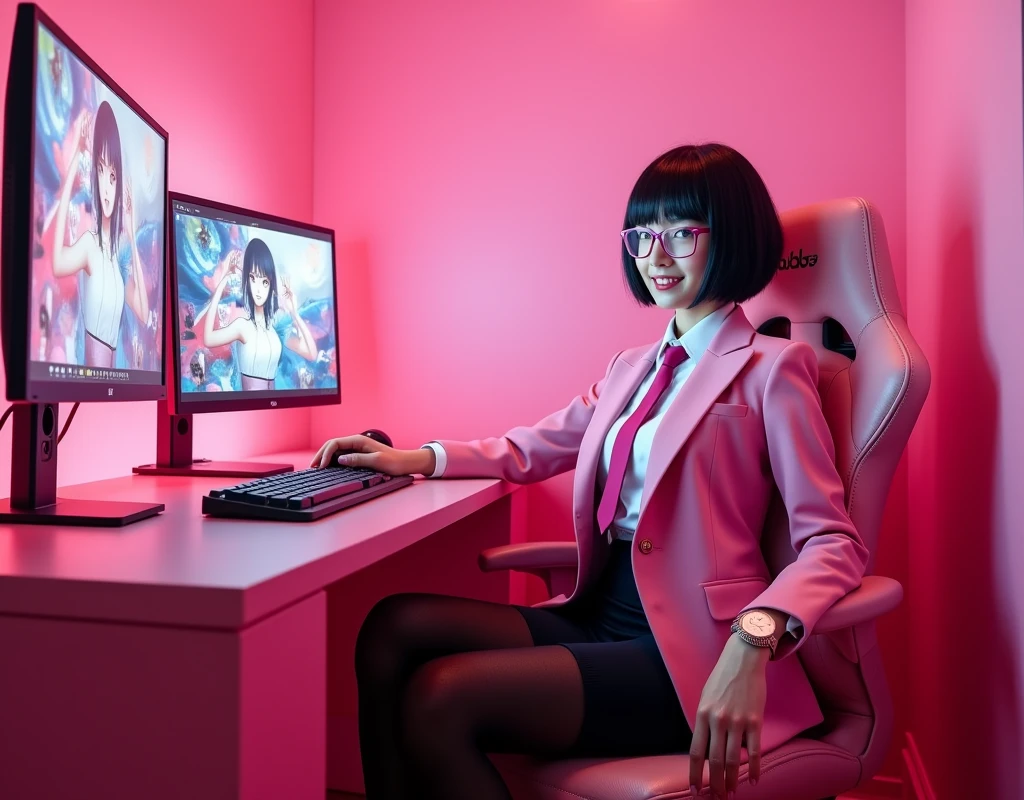 The young woman short black hair and pink eyes wear a pink suit, white shirt, magenta necktie, black pencil skirt, black underpants, black tights, black socks, adidas white sneakers.
She wear glasses and pink gaming headphone, sit on the pink gamer chair, smiled, privacy pink room, two pink monitor gaming, black keyboard, pink mouse, pink computer case, cartoon anime, 4K, HD