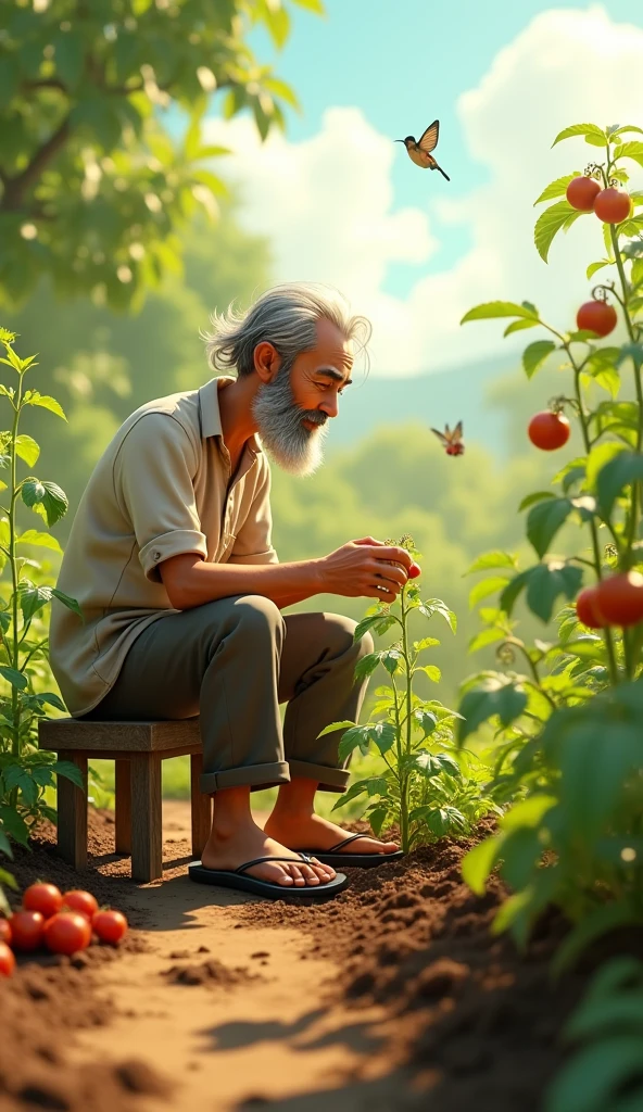 Uncle Tu is an elderly man, Lean with gray hair and tanned skin. He usually wears simple clothes like old shirts, Long pants and flip-flops. He has a gentle face, often smile beard. Sitting and growing small tomato plants 3d animation 
