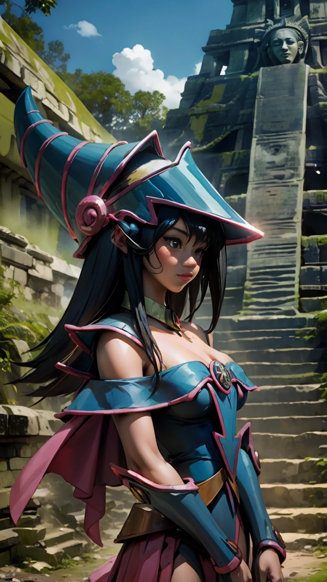Beautiful dark magician gils. she is in the mayan jungle. In the middle of the Mayan ruins of Tikal.