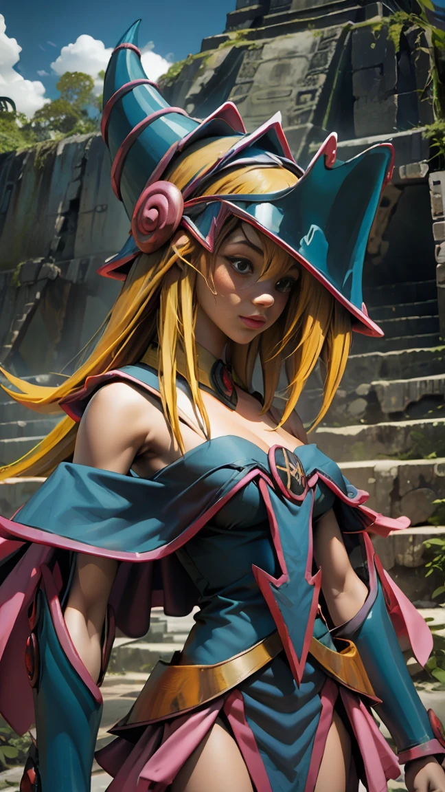 Beautiful dark magician gils. she is in the mayan jungle. In the middle of the Mayan ruins of Tikal.