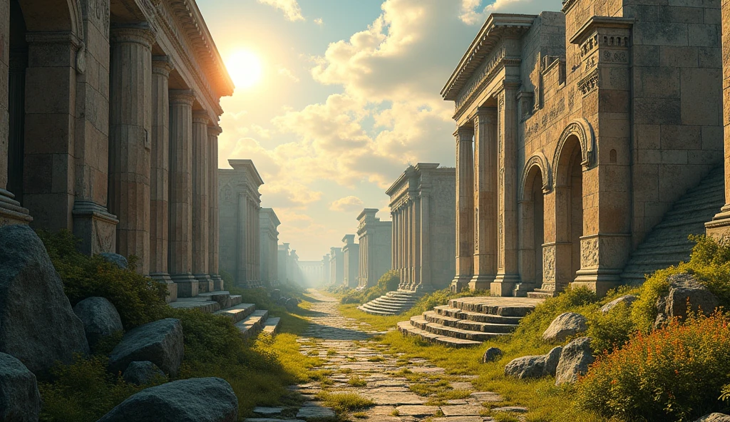 Prometheus Ruins,Beautiful painting style,8k,Sunlight,Norse mythology,Rich architectural communities,No people scene