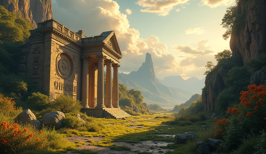 Prometheus Ruins，Beautiful painting style，8k,Sunlight，Norse mythology，Rich architectural communities，No people scene
