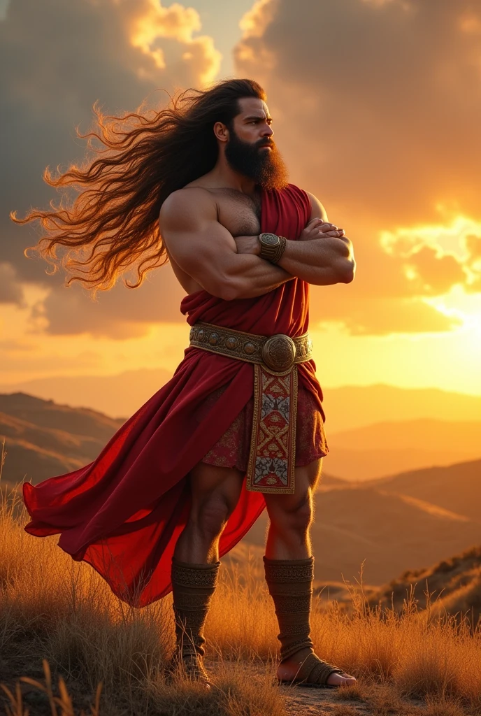 A man with a nose representing Samson with long hair flying, he is wearing clothes from that time and has his arms crossed.