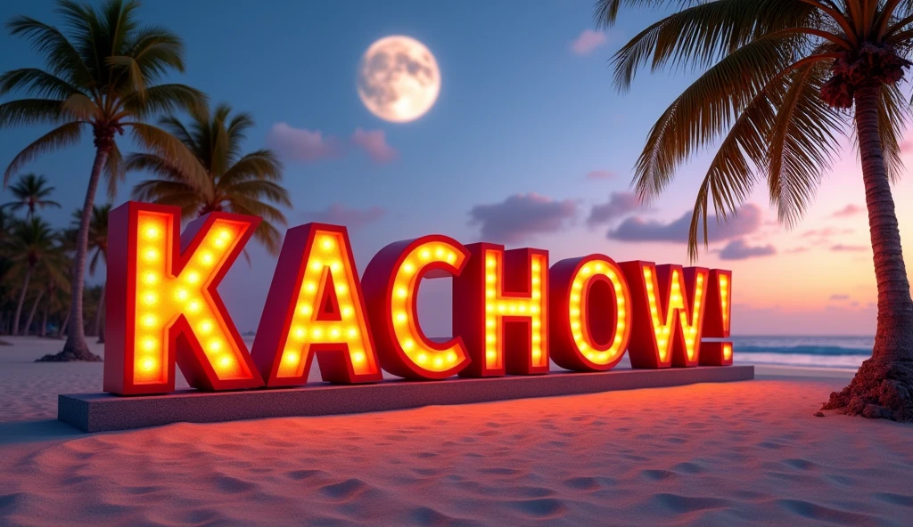letters that say "Kachow!" Inspired by the movie Cars, that it is a beach-like day on the sandy road where the film takes place, that the road is noticeable as if it were taken from a movie. That between everything that is between quotation marks "Kachow!"
So, but the letters should not shine with spotlights or LED lights, that are illuminated by the light of the moon and are red with yellow.
The letters can't be slanted or anything., right-wingers.
Change and innovate king