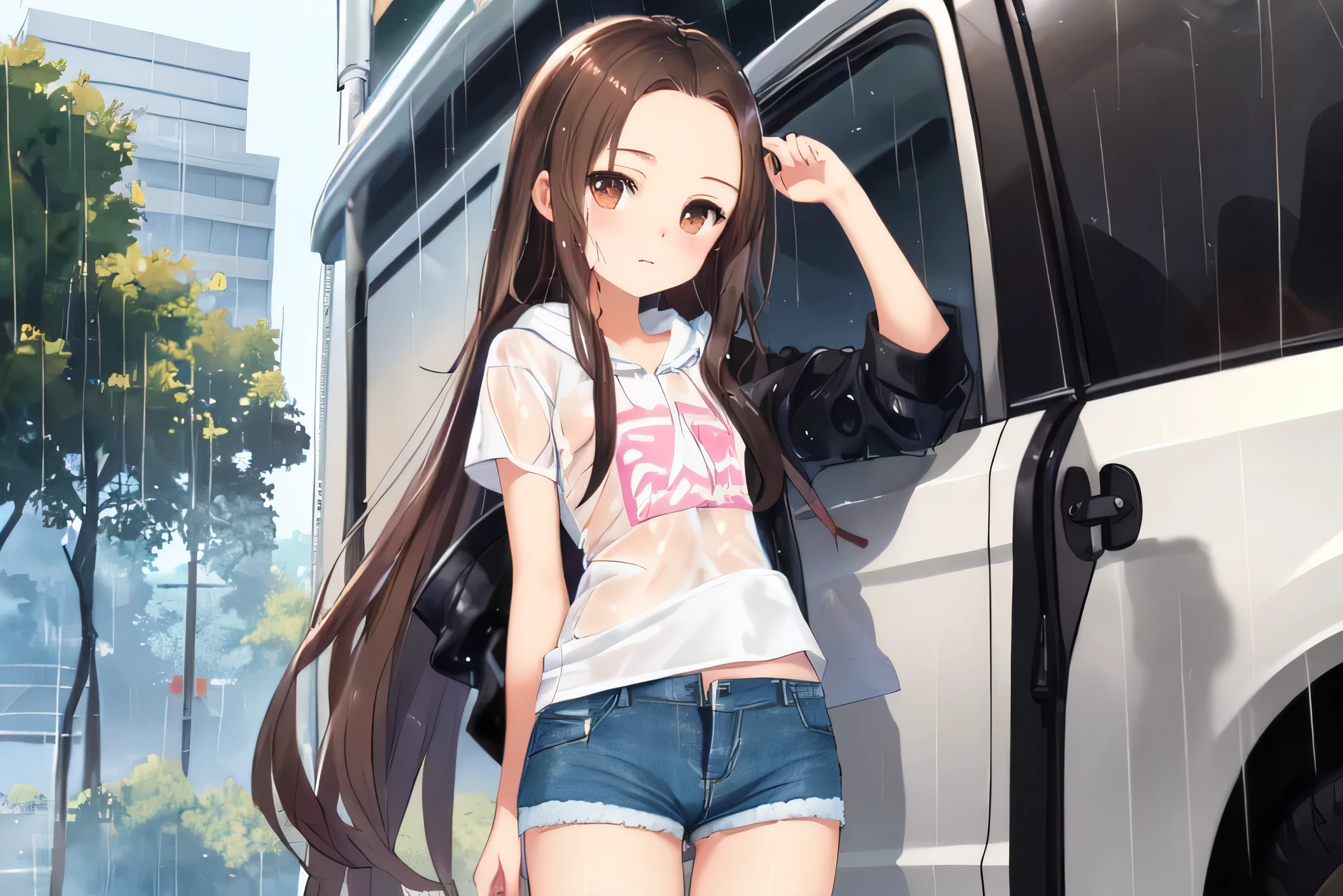 ((masterpiece,best quality;1.3,best illustration)),cowboy shot,1 woman、19-year-old beauty、solo,((very small head:1.5)),dark brown hair,long hair,forehead,brown eyes,colorful eyes,blush,,((Very long body:1.3)),((solid body,slim body,thin)),glowing skin,glowing skin,oily skin,(Drenched in the rain、Black zip-up hoodie outer jacket、white tight t-shirt、Denim Micro Shorts), Driving from the driver&#39;s seat, Skillfully hold the steering wheel and drive the car, Intense drift-like maneuvers, Serious driving expression, Biting my lips slightly, Composition that illuminates the driver&#39;s seat