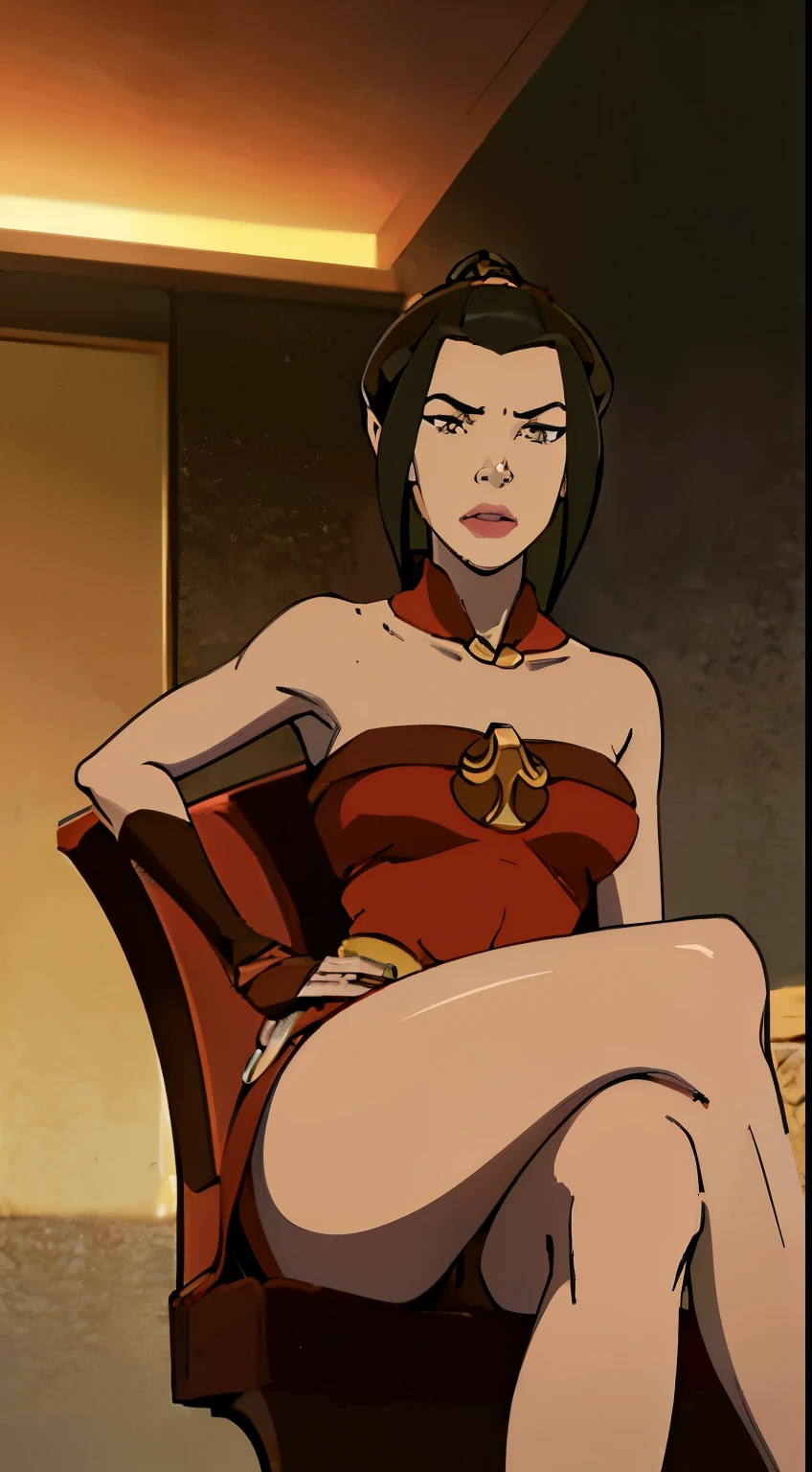 ((foto de corpo inteiro)), ((foto realista)), 1 girl, (colete: 1.2), 8k, high-res, pele finamente detalhada, lingerie, seios enormes, Azula, skirt, sitting, crossed legs, toned legs, heels, dominant, low angle, dungeon background