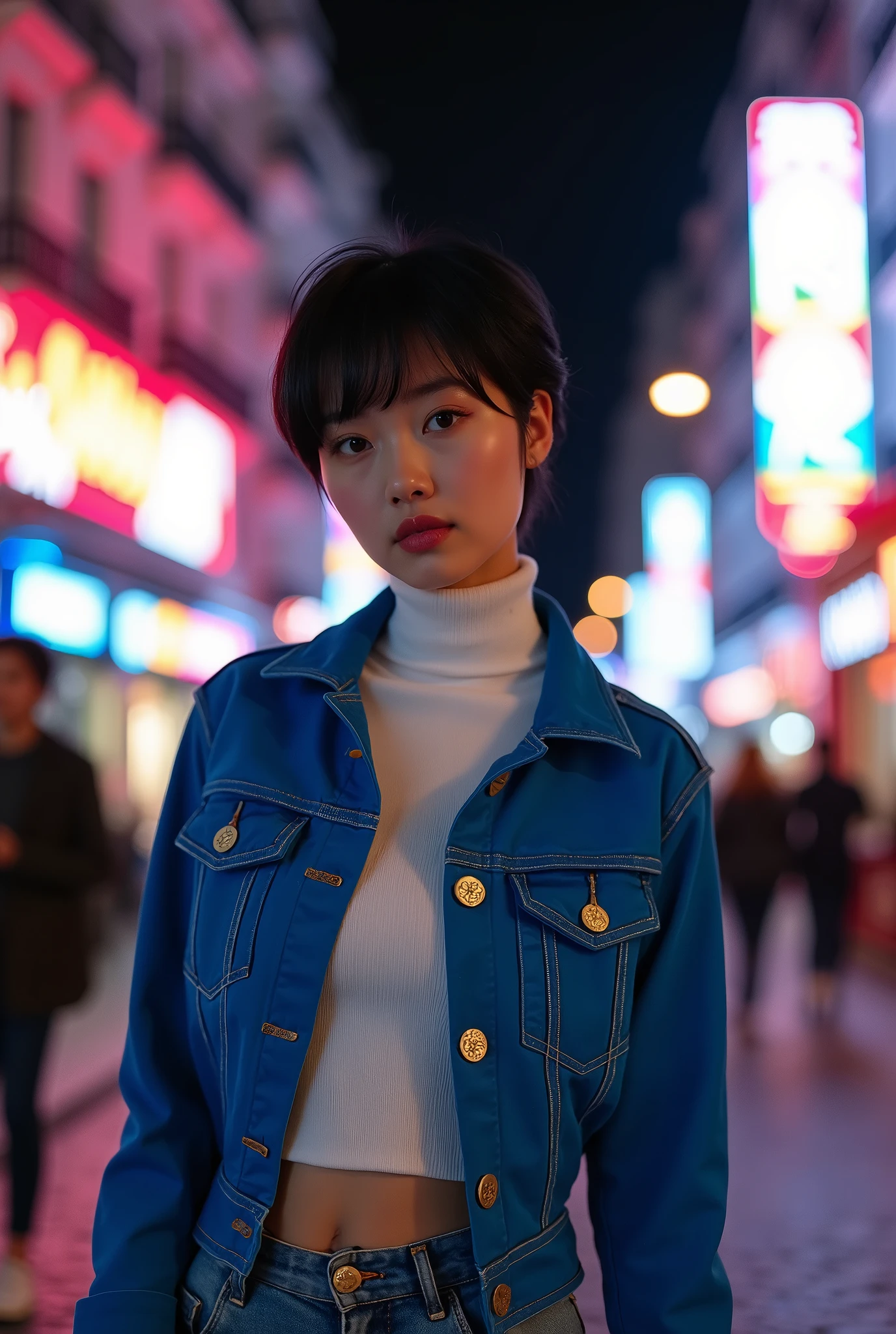 LadyBug, Paris, pretty face, Marinette Dupin-Cheng, short black pixie hair, blue women's jacket, white turtleneck tank top, jeans, white ballet flats, medium-sized breasts, slender body, , model shots, Paris at night, bright lights, neon
