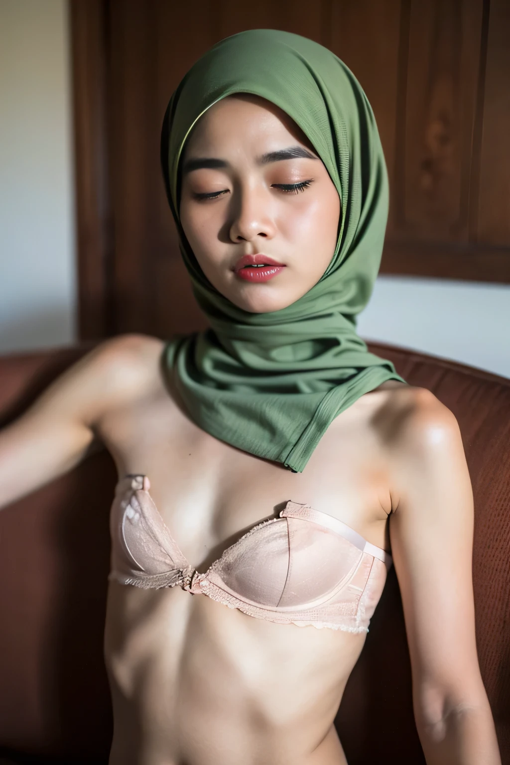 ((Light Green)), ((Big Tits:0.6)), ((Flat Chest:1.6)), Wear sunglasses and act like Rosyam, ((Closed Eyes)), ((Strapless BROWN bra Flat Chest)), Naked, Angry pose, Angry face, (((HIJAB MALAY GIRL))), masutepiece, High quality, UHD 45K, Realistic face, Realistic skin feeling , A Japanese Lady, , , Very cute and baby-like face, (((FLAT CHEST))), (MATRIX WORLD), ((look In front at the camera and SADNESS)), ((())), (((CUTE GIRL))), ((BROWN PASTEL LIPS)), ((SATIN LACE)), ((CHUBBY)), ((UNDRESS)). Brown, Flat Chest, Wearing G-String. Sitting, from behind view up, seductive pose, (Small face)