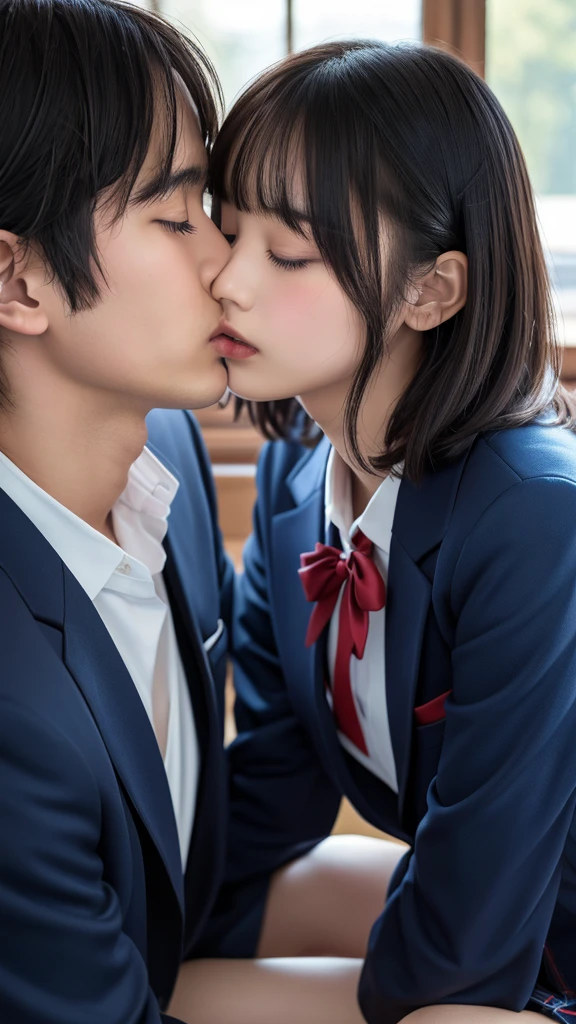 ((masterpiece, Highest quality, High resolution)), Japanese high school girl and her father share a passionate kiss、(Realistic: 1.4), Embarrassed、Closed eyes、close your eyes、Closed Mouth、Shut your mouth.、Great face,Glossy Lips、, short hair、(Beautiful Hair:1.5), Slender、Japanese High School Uniform、(Navy Blue Blazer、Navy blue jacket)、(White dress shirt)、(Red tie)、(Navy blue mini skirt、Beautiful legs)、At the bed、((A deep kiss with my father))、Detailed and real fingers、Smooth, Highly detailed CG composite 8K wallpaper, High resolution RAW color photos, Professional photography, Light, BackLight, dream-like, impressive, Written boundary depth, (Face close-up:1.2)