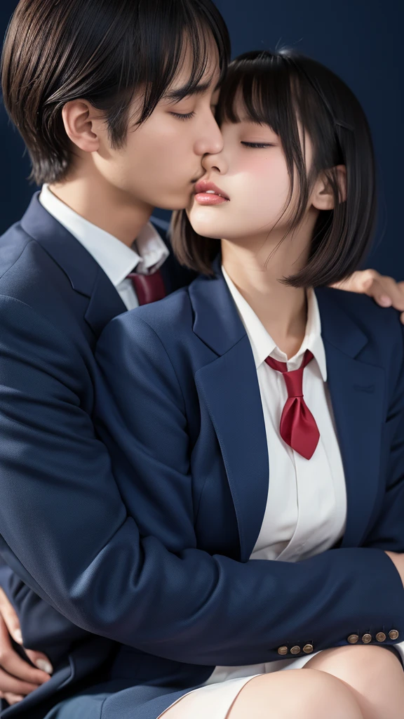 ((masterpiece, Highest quality, High resolution)), Japanese high school girl and her father share a passionate kiss、(Realistic: 1.4), Embarrassed、Closed eyes、close your eyes、Closed Mouth、Shut your mouth.、Great face,Glossy Lips、, short hair、(Beautiful Hair:1.5), Slender、Japanese High School Uniform、(Navy Blue Blazer、Navy blue jacket)、(White dress shirt)、(Red tie)、(Navy blue mini skirt、Beautiful legs)、At the bed、((A deep kiss with my father))、Detailed and real fingers、Smooth, Highly detailed CG composite 8K wallpaper, High resolution RAW color photos, Professional photography, Light, BackLight, dream-like, impressive, Written boundary depth, (Face close-up:1.2)