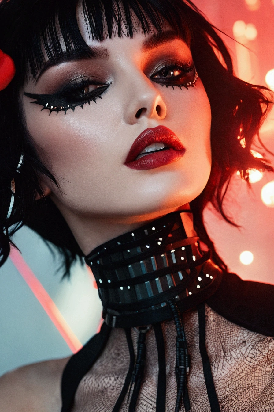 there is a woman with a black top and a black choker, inspired by Hedi Xandt, beautiful cyberpunk woman model, sexy face with full makeup, by Emma Andijewska, by Zofia Stryjenska, by Hedi Xandt, beautiful cyberpunk girl face, intricate cyberpunk make - up, by Micha Klein, seductive cyberpunk dark fantasy