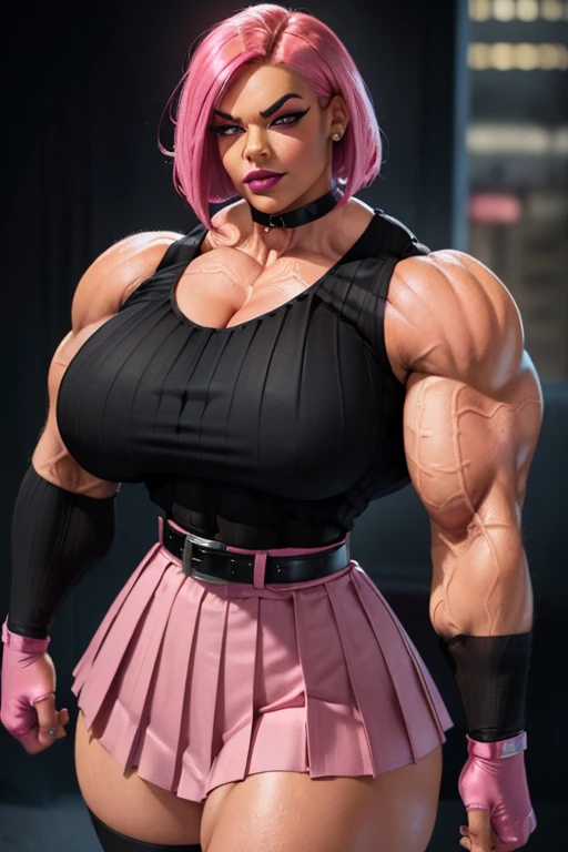 ((Close-up)), tall, (shocking pink hair) beautiful muscular woman, angled bob cut, brown skinned, closed smile, (black lipstick), (massive muscles), (hyper muscle), ((ginormous bulky muscles)), ((glowing red eyes)), (((sleeveless pink pleated shirt))), (((black long pleated skirt with belt))), (fingerless gloves), necktie, thigh highs, in a dark rooftop,