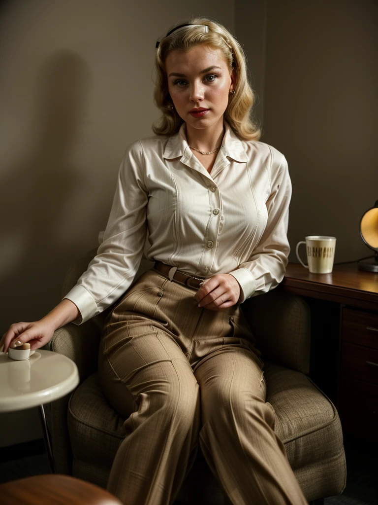 (Hyper-realistic photo of a 1950s pin-up girl: 1.3), a stunning blonde, exuding seduction. She is wearing long pants and a white long-sleeved, ruffled shirt typical of the 1950s. She is applying for an internship at the hospital and is in the director's office for an interview. A cozy and intimate environment with low lighting, she is sitting elegantly in a high-backed brown armchair, her legs elegantly crossed to the side, next to a small table with a steaming coffee cup. Nostalgic atmosphere of vintage 1950s doctors' offices, retro-style room. Apprehensive and somewhat nervous expression.