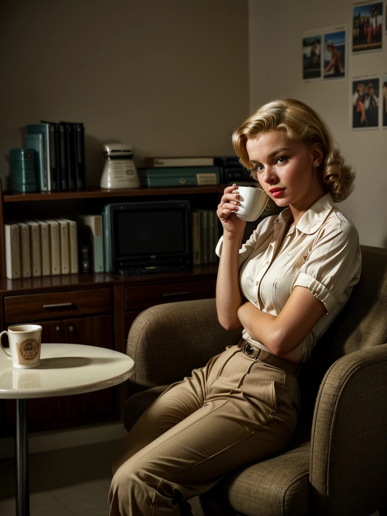 (Hyper-realistic photo of a 1950s pin-up girl: 1.3), a stunning blonde, exuding seduction. She is wearing long pants and a white long-sleeved, ruffled shirt typical of the 1950s. She is applying for an internship at the hospital and is in the director's office for an interview. A cozy and intimate environment with low lighting, she is sitting elegantly in a high-backed brown armchair, her legs elegantly crossed to the side, next to a small table with a steaming coffee cup. Nostalgic atmosphere of vintage 1950s doctors' offices, retro-style room. Apprehensive and somewhat nervous expression.