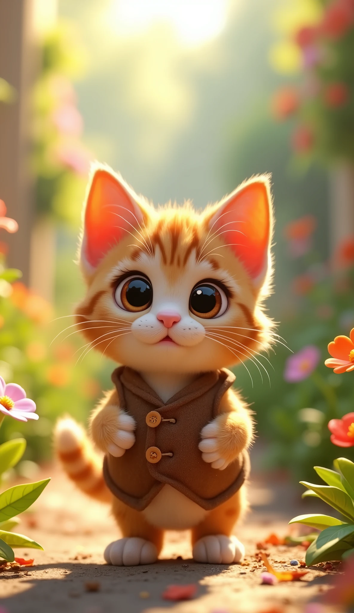 Perfect centering, Looking at the camera, a close up 2/3 of a cartoon kitten wearing a vest, 3 d animation demo reel, 3d animation, 3 d animation, 3 d animated movie, 3d animated, 3 d animated, tv commercial, clay animation, cgi animation, cute! c4d, cute 3 d render, pixar 3 d animation style, in the garden 4 k, 3 d cartoon