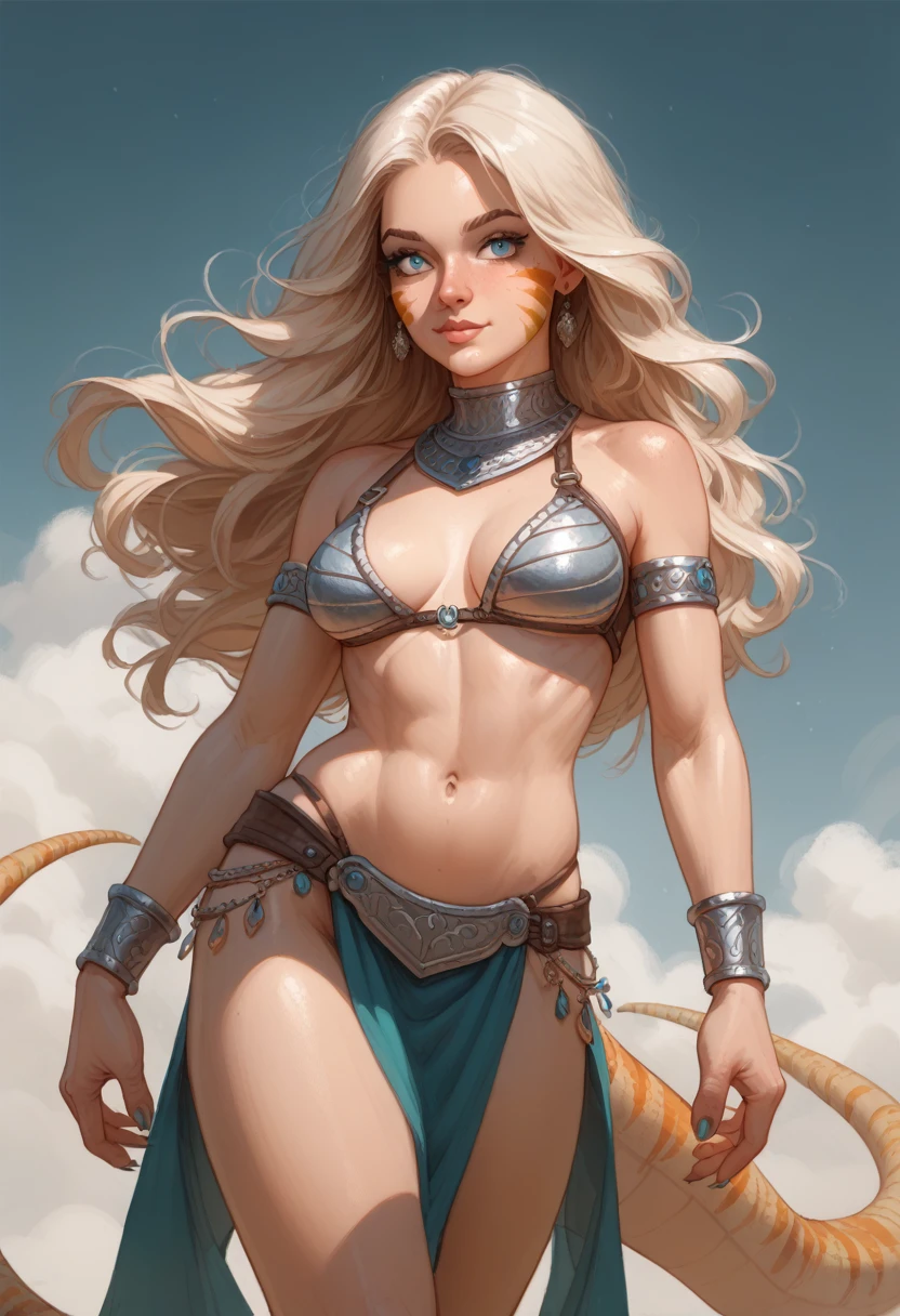 1girl, solo, wavy long hair, lizard girl, medium breasts, athlete, bikinia armour, lizard eyes, waistcloth, bare limbs, bare stomach, bare thgihs, Humanoid face and body, stripes on cheeks, standing, Lizard scales skin, lizard's tail